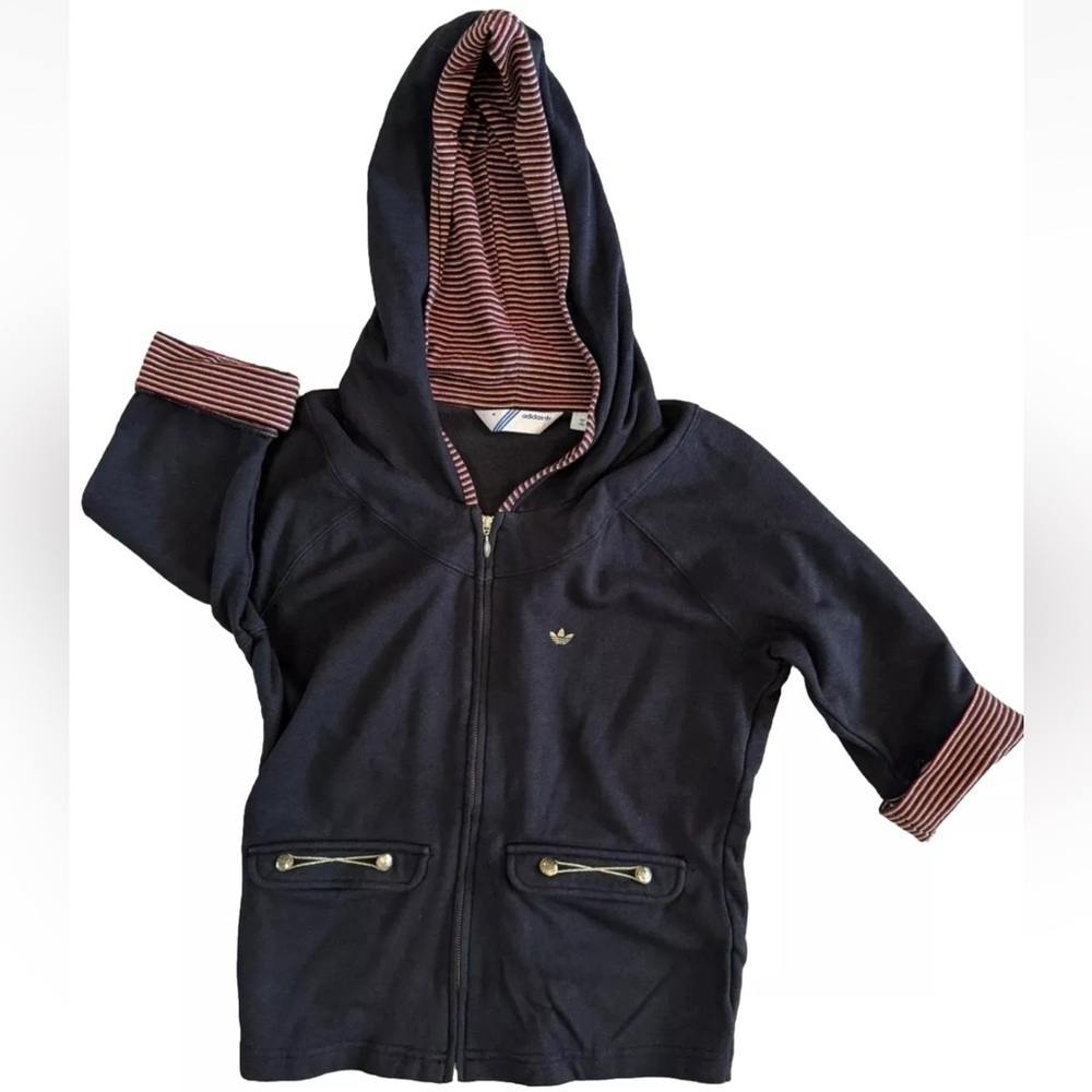 Adidas Girls Jacket Medium Black 3/4 Sleeve Red Gold Stripe Hood Bamboo Cotton